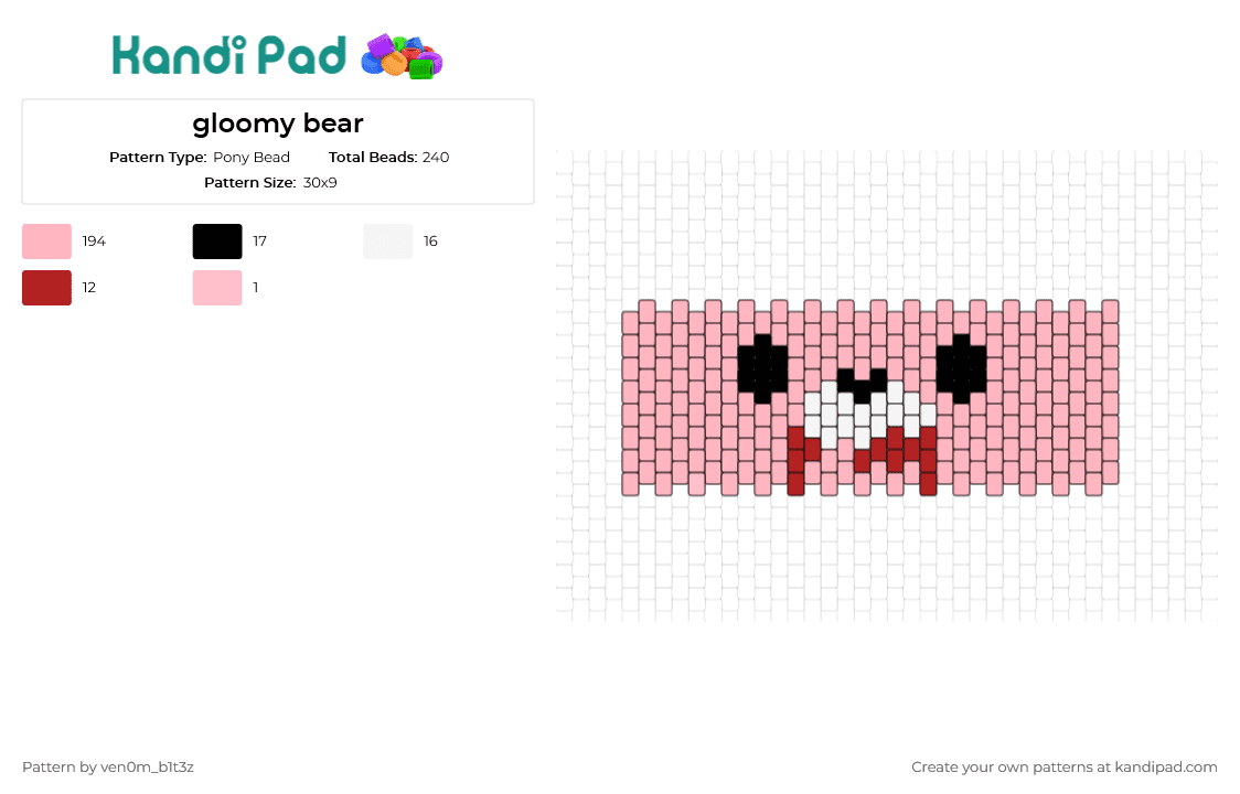 gloomy bear - Pony Bead Pattern by ven0m_b1t3z on Kandi Pad - gloomy bear,spooky,blood,horror,cuff,cute yet horror-inspired,bold statement,pink,white,red
