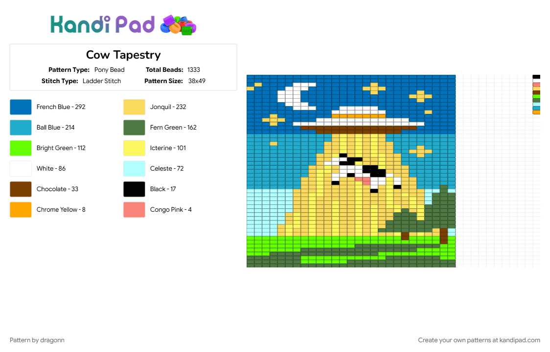 Cow Tapestry - Pony Bead Pattern by dragonn on Kandi Pad - blue, green, light blue, yellow