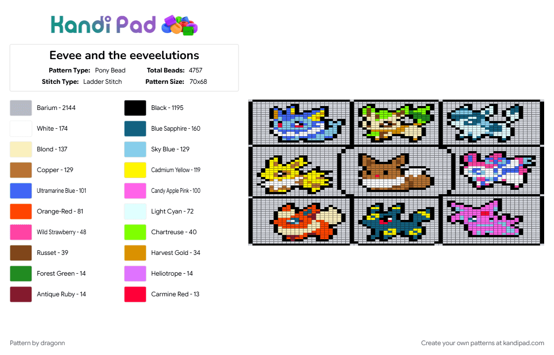 Eevee and the eeveelutions - Pony Bead Pattern by dragonn on Kandi Pad - blue, colorful, pink, white, yellow