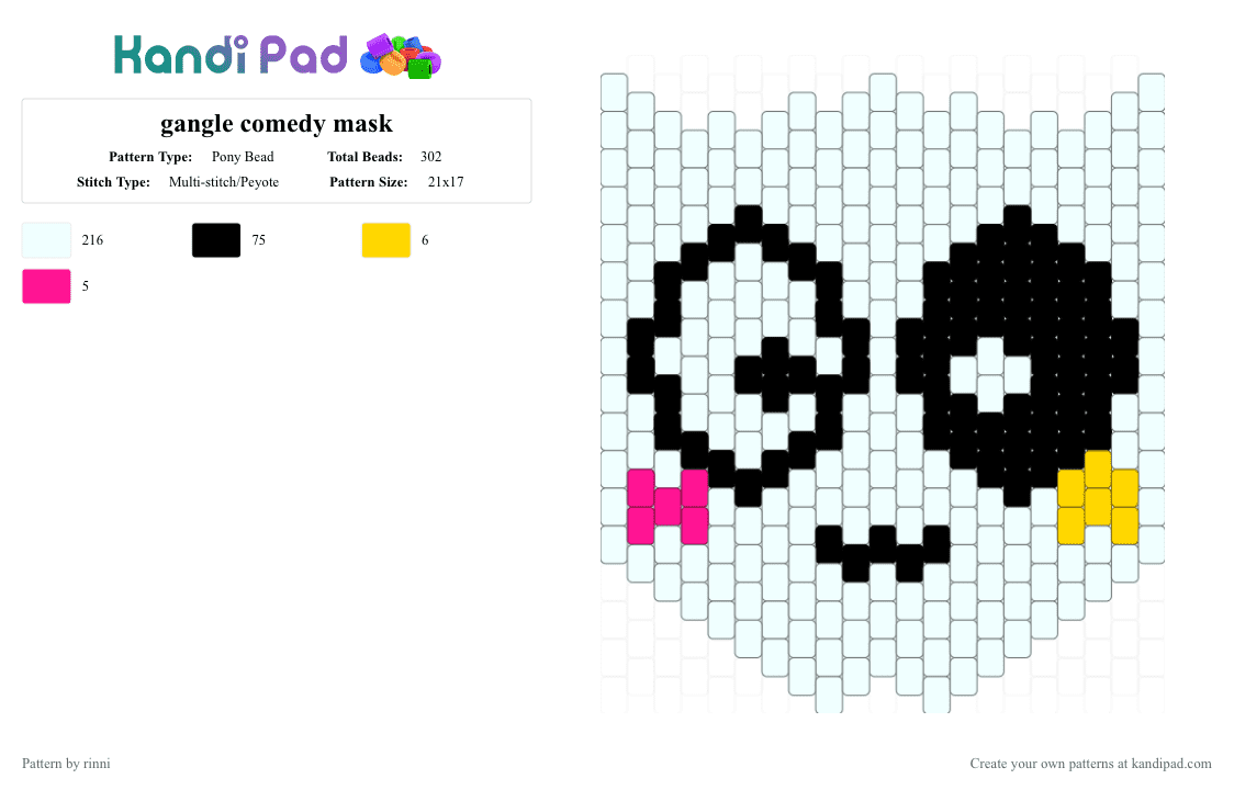 gangle comedy mask - Pony Bead Pattern by rinni on Kandi Pad - white,yellow,pink,tadc,comedy mask,gangle,cosplay,the amazing digital circus,mask