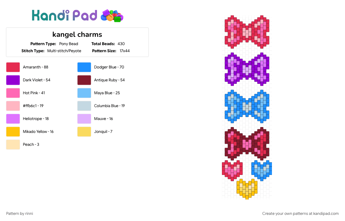 kangel charms - Pony Bead Pattern by rinni on Kandi Pad - brown, charms, colorful, cosplay, kangel, light blue, needy girl overdose, needy streamer overload, nso, omgkawaiiangel, pink, red