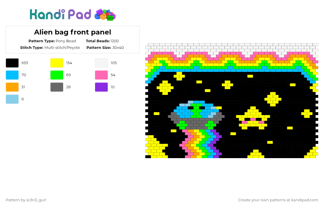 Alien bag front panel - Pony Bead Pattern by sc3n3_gurl on Kandi Pad - black,yellow,green,light blue