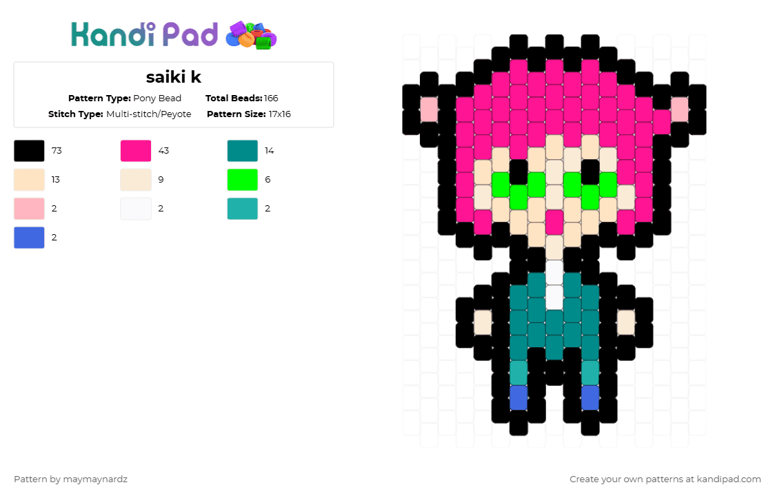 saiki k - Pony Bead Pattern by maymaynardz on Kandi Pad - cartoon,tv show,manga,character,school,supernatural,video game,anime,gaming,black,pink,teal,saiki k,green,saiki,k
