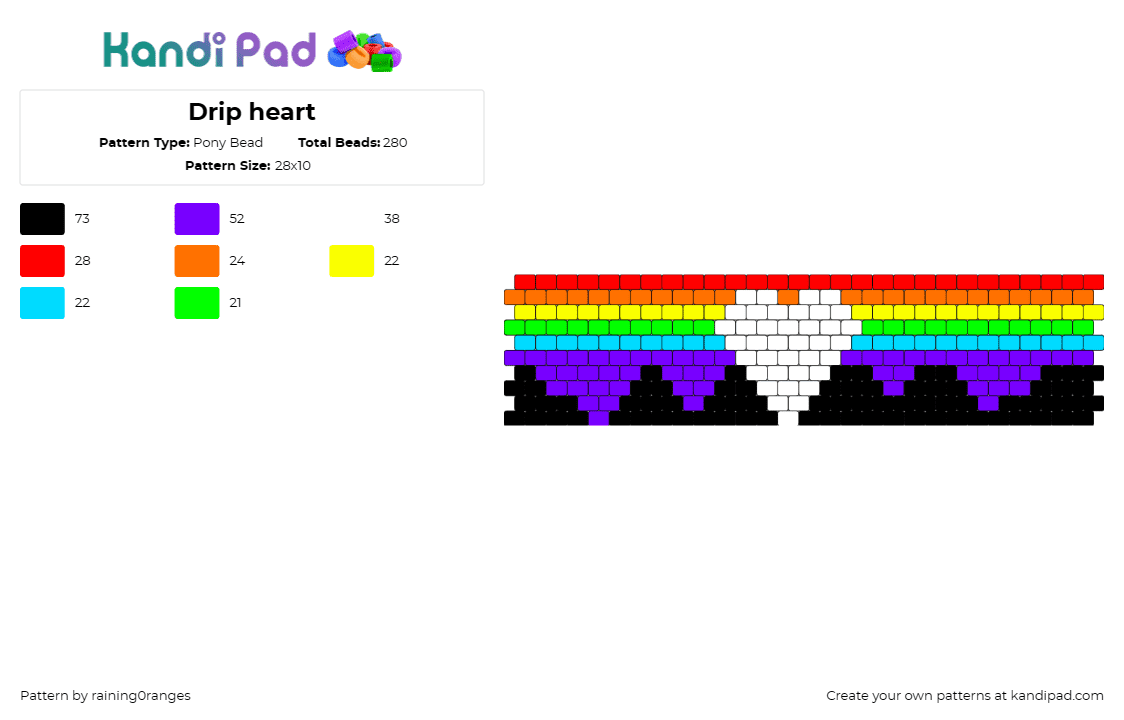 Drip heart - Pony Bead Pattern by raining0ranges on Kandi Pad - rainbow,drippy,heart,cuff,love,pride,white,black,purple