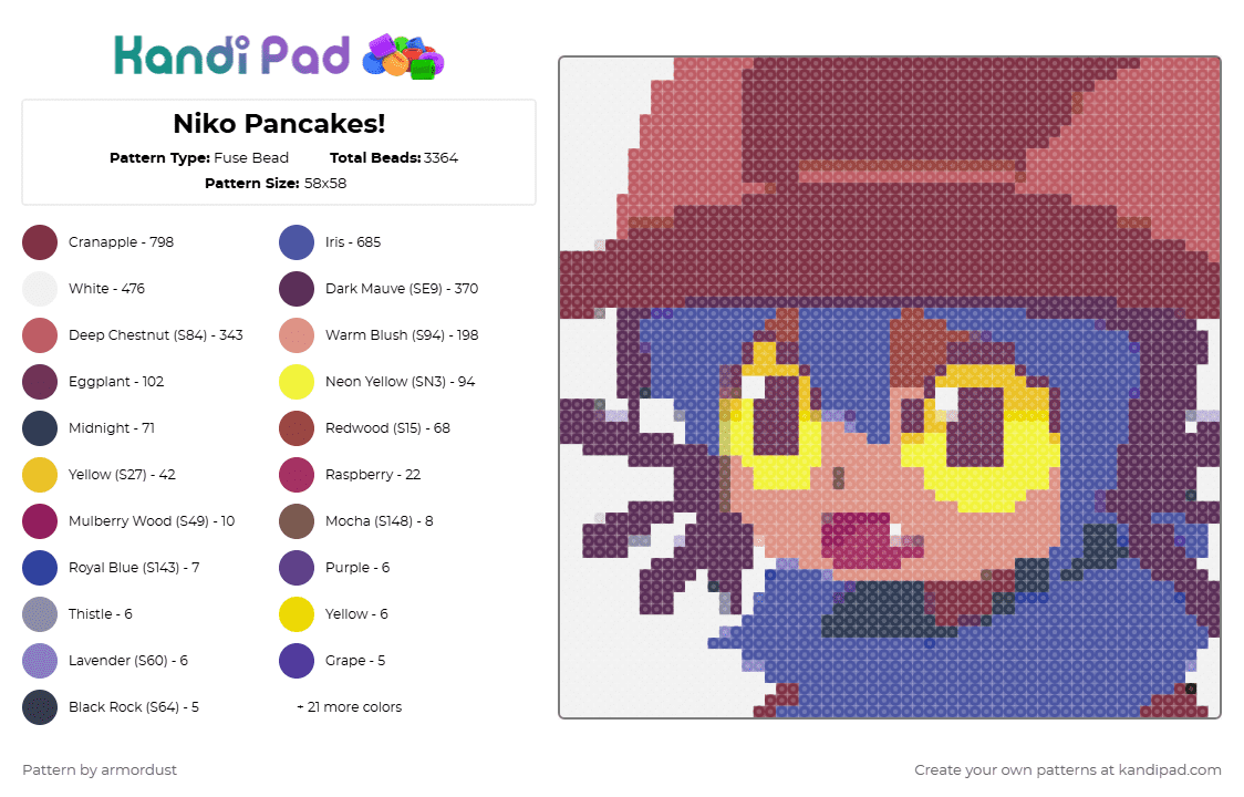 Niko Pancakes! - Fuse Bead Pattern by armordust on Kandi Pad - red,brown,pink,purple,oneshot