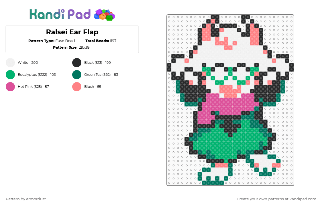 Ralsei Ear Flap - Fuse Bead Pattern by armordust on Kandi Pad - teal,green,deltarune,kris,susie,noelle,berdly,undertale,ralsei,sans