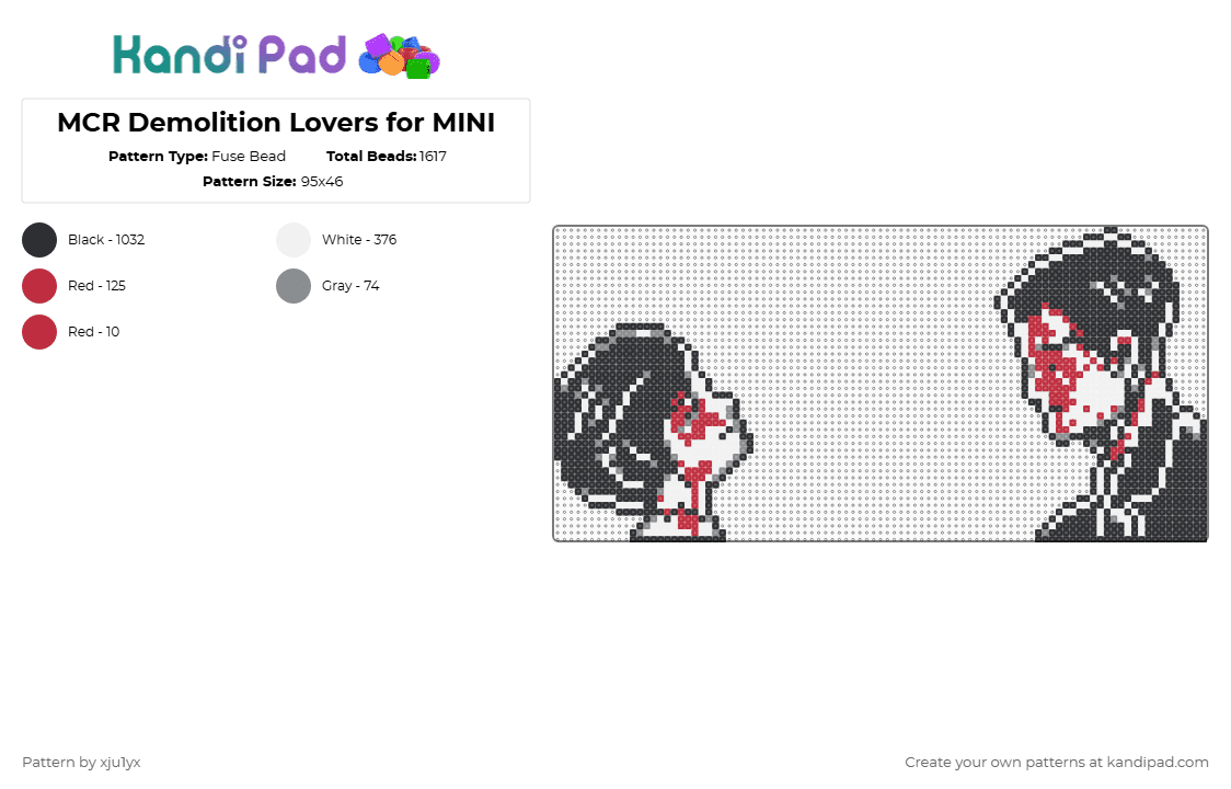 MCR Demolition Lovers for MINI - Fuse Bead Pattern by xju1yx on Kandi Pad - mcr,my chemical romance,emo,band,music,mini,demolition lovers,black,white,gray,red,three cheers for sweet revenge,perler pattern,kandi,gerard way