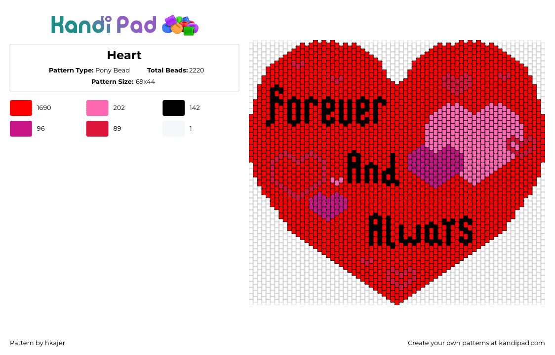 Heart - Pony Bead Pattern by hkajer on Kandi Pad - forever and always,heart,valentine,love,text,red