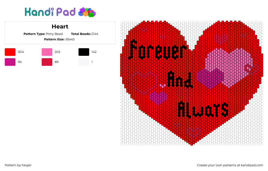 Heart - Pony Bead Pattern by hkajer on Kandi Pad - forever and always,heart,valentine,love,text,red