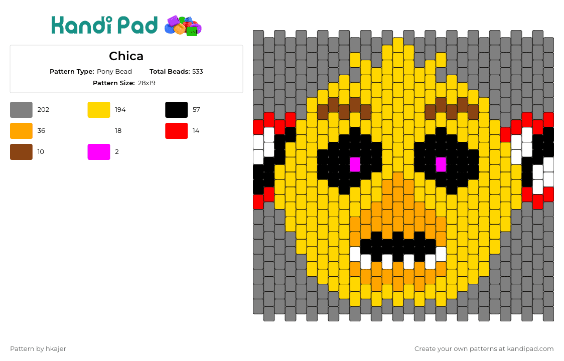 Chica - Pony Bead Pattern by hkajer on Kandi Pad - chica,five nights at freddys,fnaf,iconic,animatronic,captivating,friendly,scare,thrill,yellow