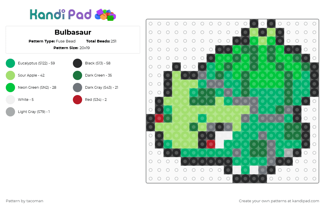 Bulbasaur - Fuse Bead Pattern by tacoman on Kandi Pad - green