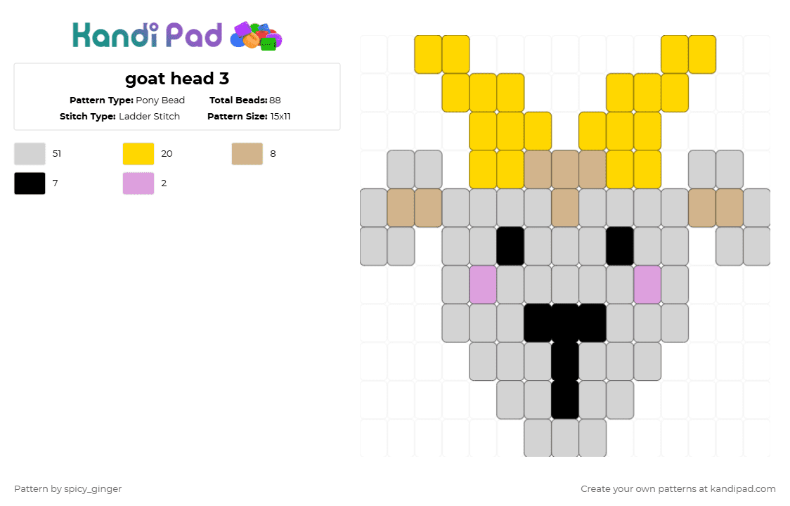 goat head 3 - Pony Bead Pattern by spicy_ginger on Kandi Pad - goat,head,charm,animal,horns,white,yellow