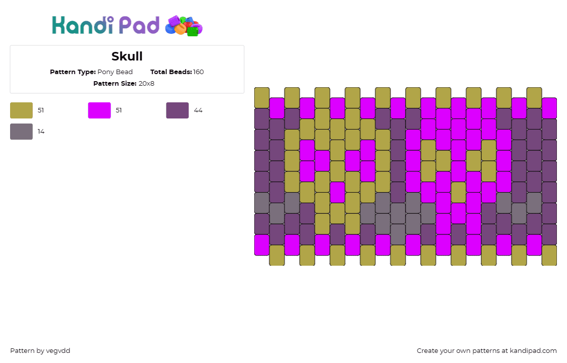 Skull - Pony Bead Pattern by vegvdd on Kandi Pad - skulls,spooky,halloween,gothic,morbid,motif,thematic,purple