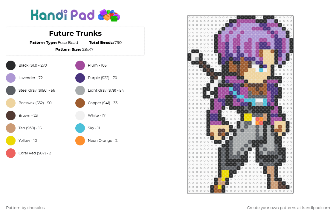 Future Trunks - Fuse Bead Pattern by chokolos on Kandi Pad - beige,gray,pink,purple