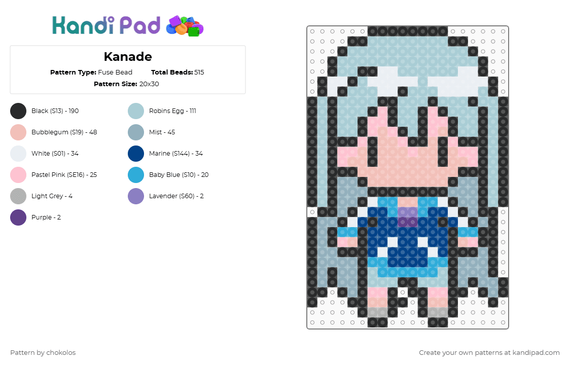 Kanade - Fuse Bead Pattern by chokolos on Kandi Pad - light blue