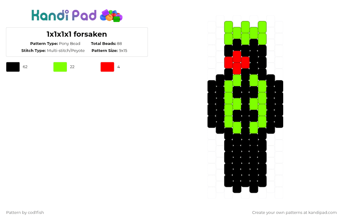 1x1x1x1 forsaken - Pony Bead Pattern by cod1fish on Kandi Pad - black,green,forsaken,1x1x1x1,roblox,charm,kandi