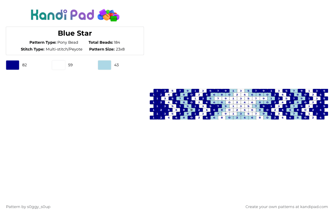 Blue Star - Pony Bead Pattern by s0ggy_s0up on Kandi Pad - cuff,numbered,purple,light blue