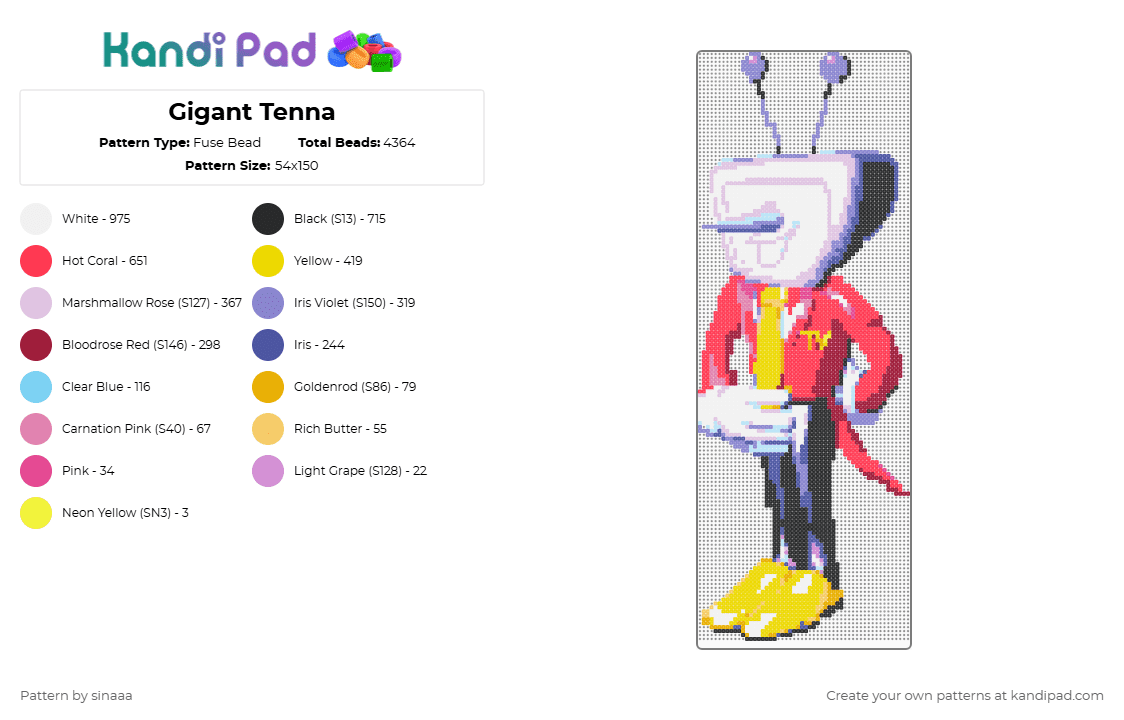 Gigant Tenna - Fuse Bead Pattern by sinaaa on Kandi Pad - pink,yellow,red