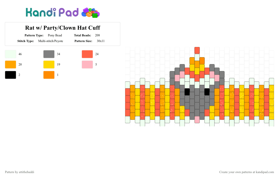 Rat With Party Hat Cuff - Pony Bead Pattern by attithebaddi on Kandi Pad - gray,red,orange,yellow,rat,cute rat,party hat,clown hat