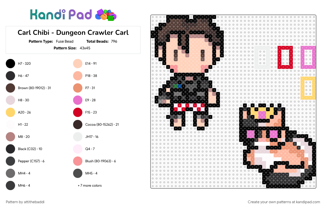 Carl and Donut Chibis - Dungeon Crawler Carl - Fuse Bead Pattern by attithebaddi on Kandi Pad - beige, black, book character, brown, cat, character, dcc, dungeon crawler carl, gray