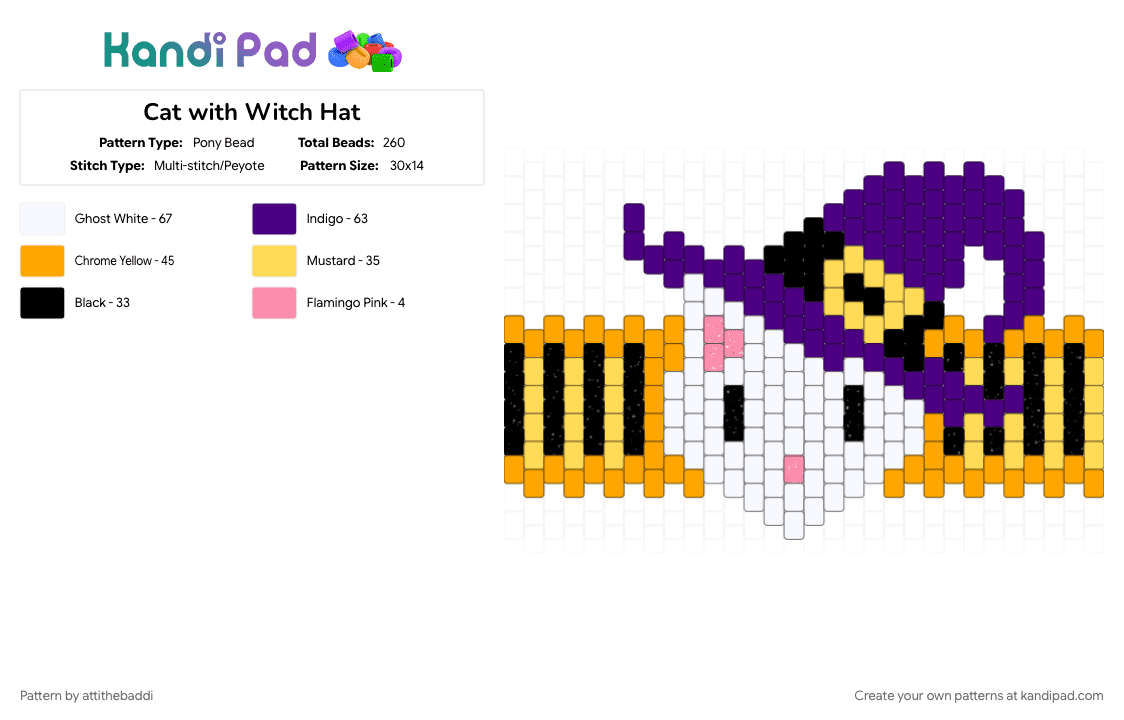 Cat with Witch Hat Cuff - Pony Bead Pattern by attithebaddi on Kandi Pad - cat, cuff, halloween, kitten, october, orange, purple, scary, spooky, witch
