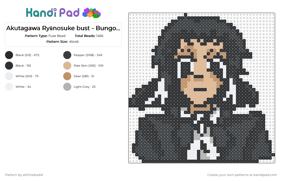 Akutagawa Ryūnosuke bust - Bungo Stray Dogs - Fuse Bead Pattern by attithebaddi on Kandi Pad - akutagawa, anime, beige, black, bsd, bungo stray dogs, character, tan