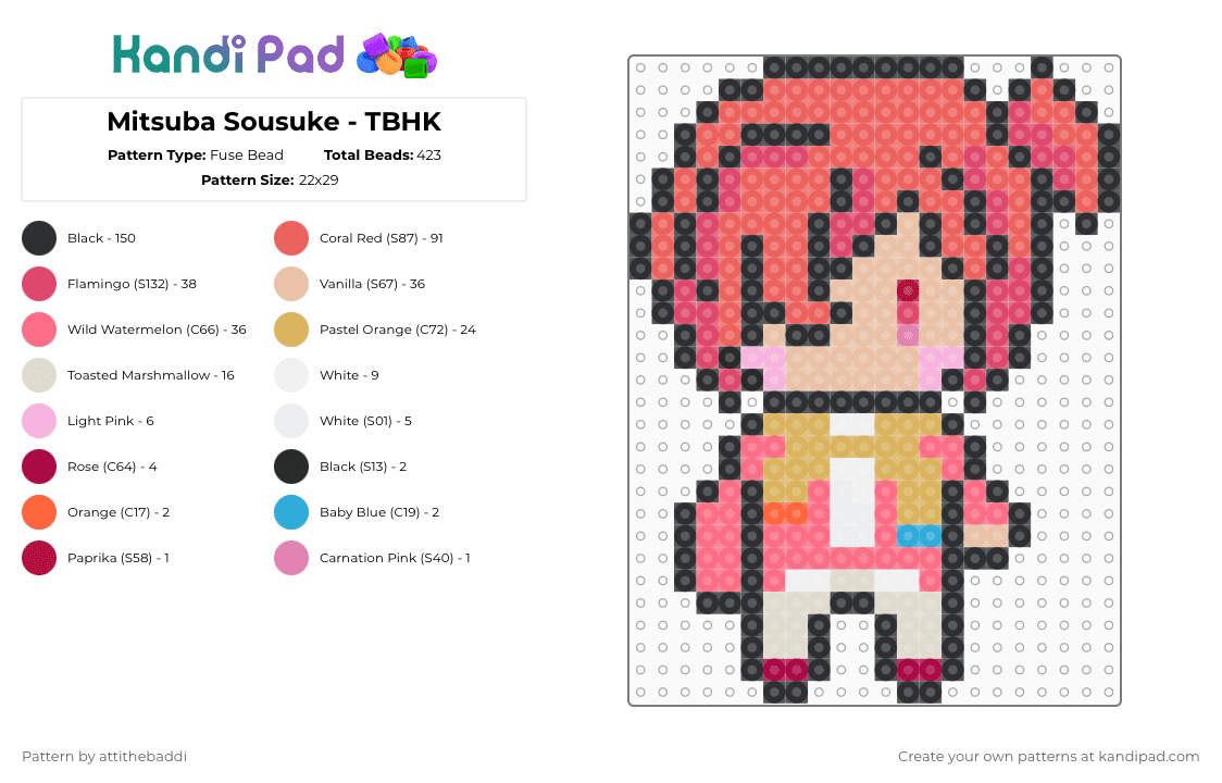 Mitsuba Sousuke - TBHK - Fuse Bead Pattern by attithebaddi on Kandi Pad - red,beige