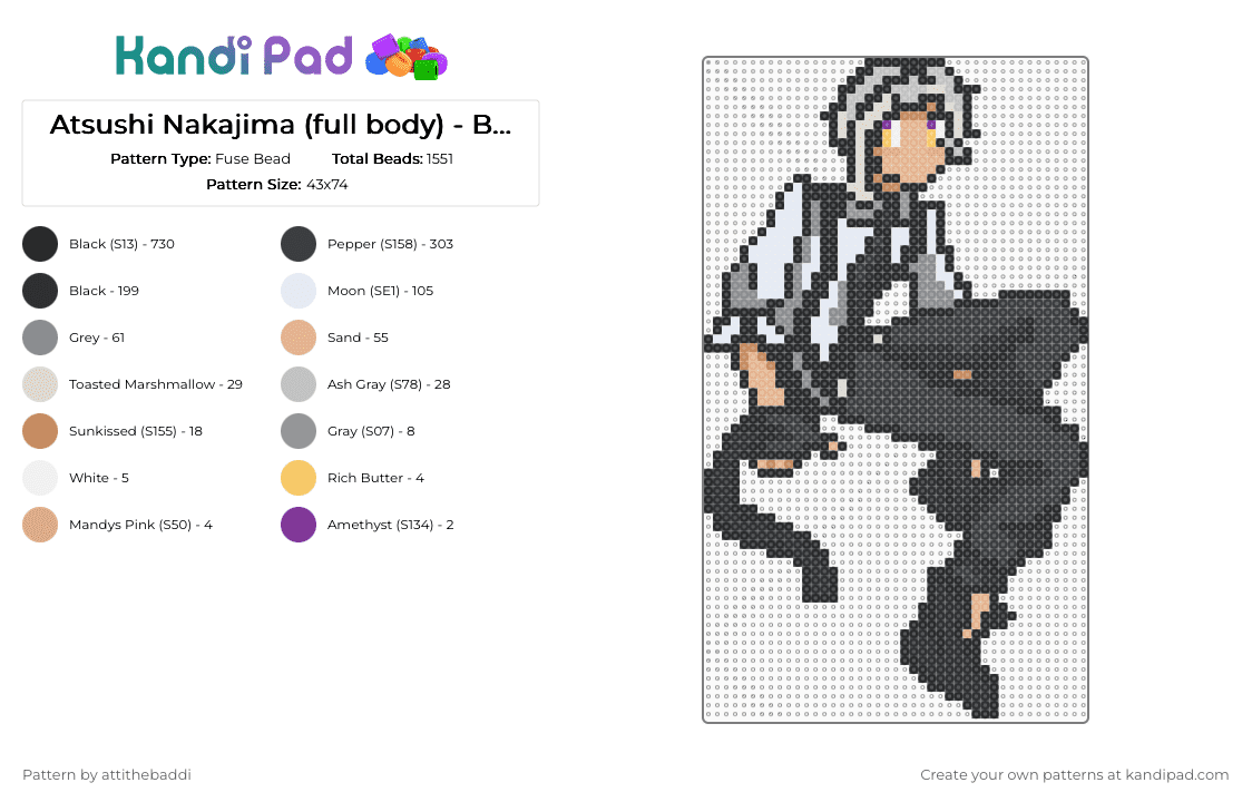 Atsushi Nakajima (full body) - Bungo Stray Dogs - Fuse Bead Pattern by attithebaddi on Kandi Pad - anime, anime character, atsushi, atsushi nakajima, beige, black, bsd, bungo stray dogs, gray