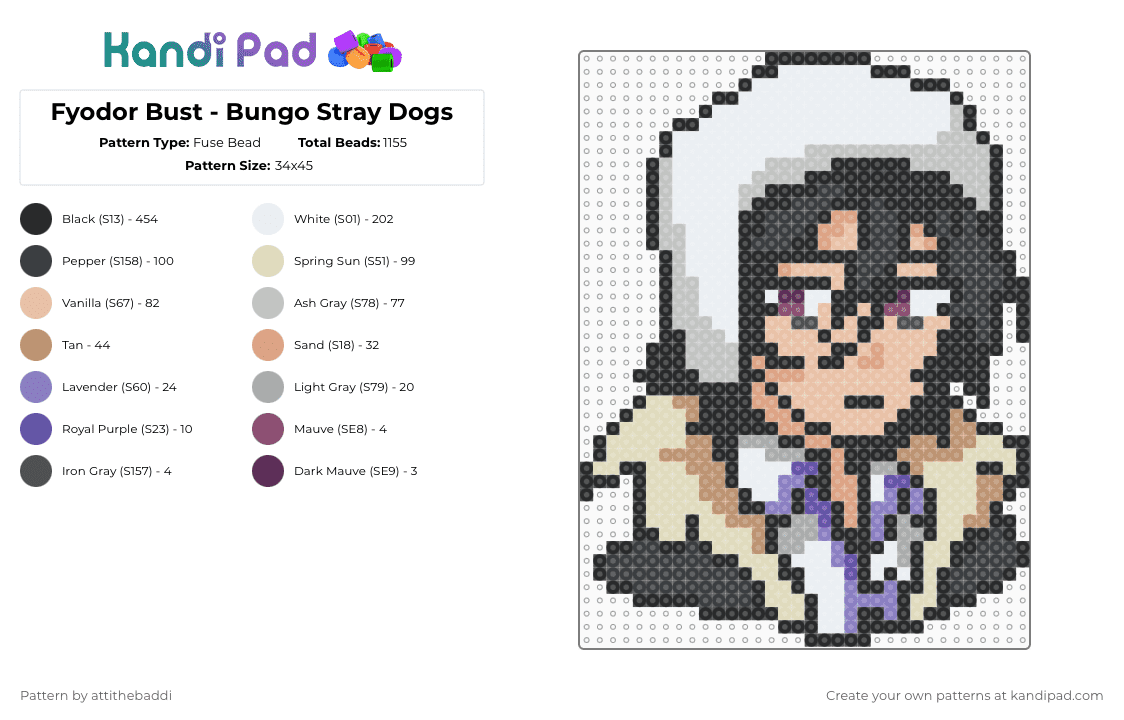 Fyodor Bust - Bungo Stray Dogs - Fuse Bead Pattern by attithebaddi on Kandi Pad - black,beige,bsd,bungo stray dogs,fyodor dostoevsky,fyodor bsd,character