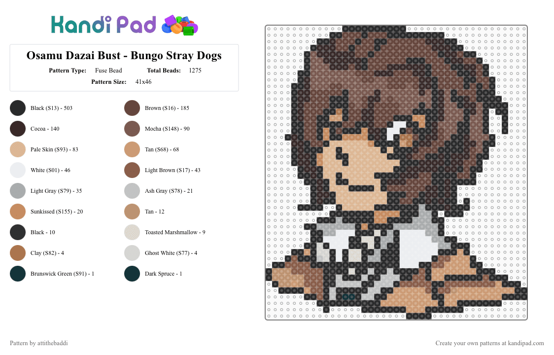 Osamu Dazai Bust - Bungo Stray Dogs - Fuse Bead Pattern by attithebaddi on Kandi Pad - beige,brown,dazai,dazai bsd,bsd,bungo stray dogs,anime,osamu dazai,soukoku