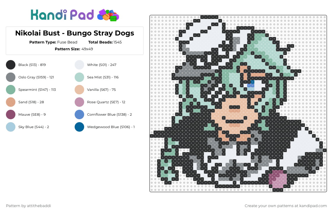 Nikolai Bust - Bungo Stray Dogs - Fuse Bead Pattern by attithebaddi on Kandi Pad - black,teal,light blue,gray,colorful,bungo stray dogs,bsd,anime,anime character