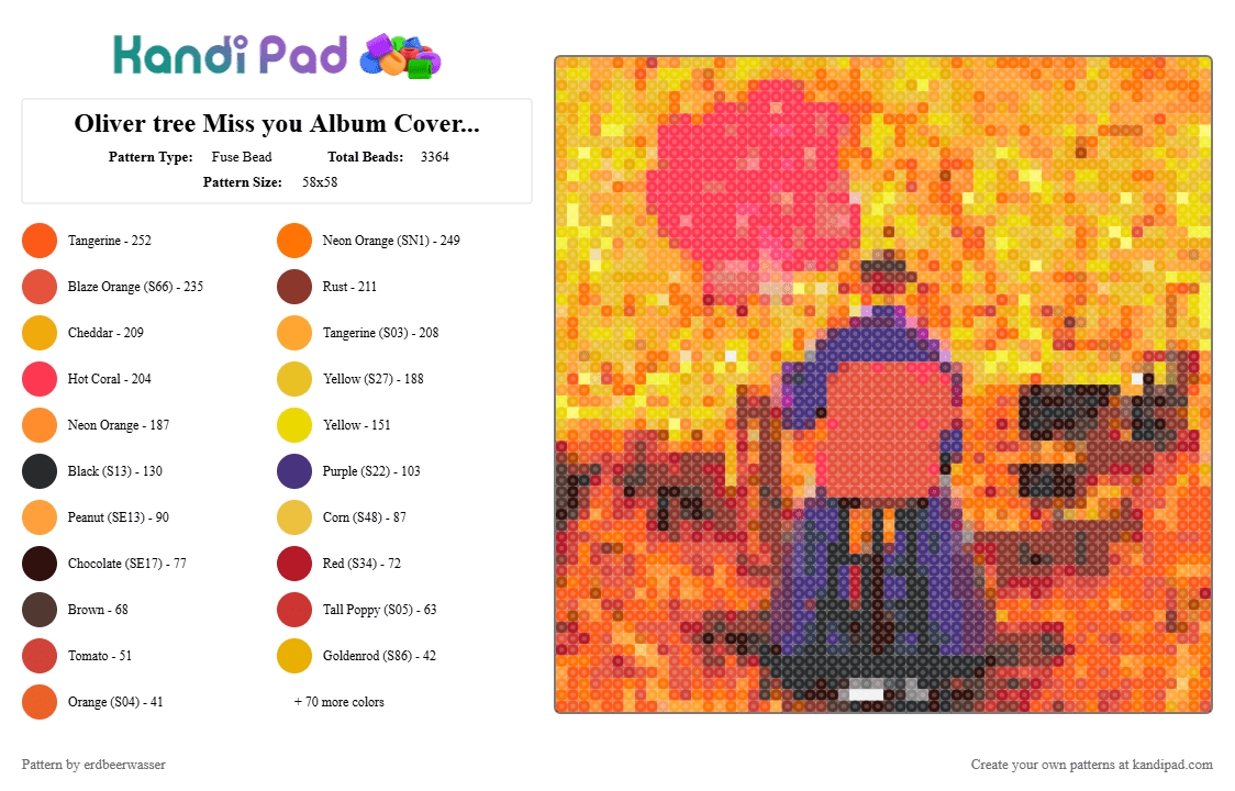 Oliver tree Miss you Album Cover (small) - Fuse Bead Pattern by erdbeerwasser on Kandi Pad - oliver tree,oliver,tree,missyou,album cover,album,cover,cd