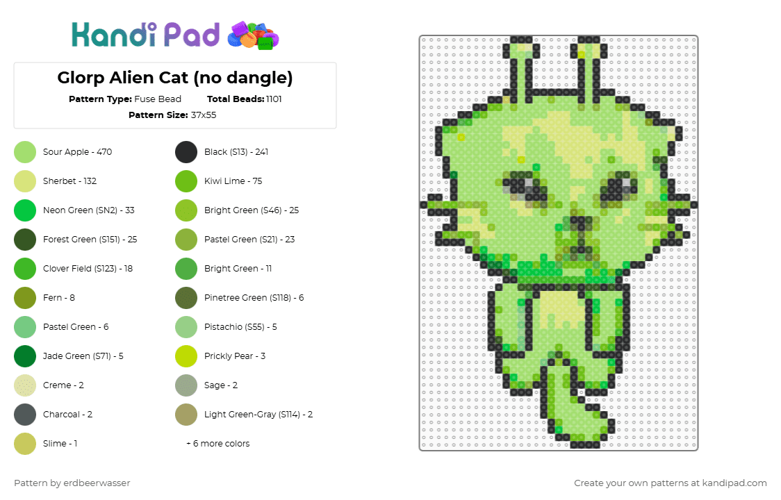Glorp Alien Cat (no dangle) - Fuse Bead Pattern by erdbeerwasser on Kandi Pad - green,yellow