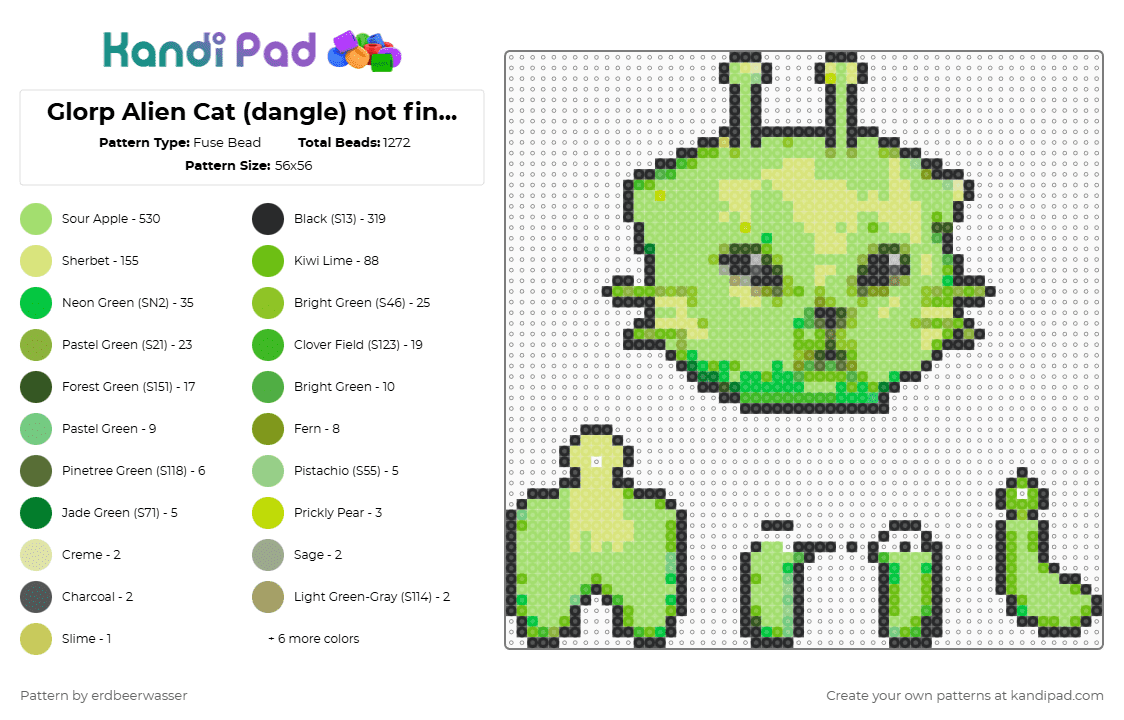 Glorp Alien Cat (dangle) not finished - Fuse Bead Pattern by erdbeerwasser on Kandi Pad - green,yellow