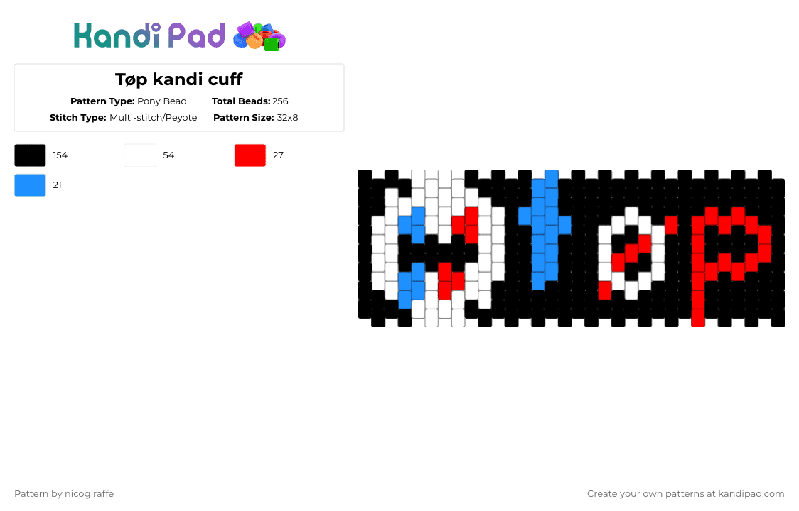 Tøp kandi cuff - Pony Bead Pattern by nicogiraffe on Kandi Pad - black,light blue,red,twenty one pilots,top,vessel,tyler joseph