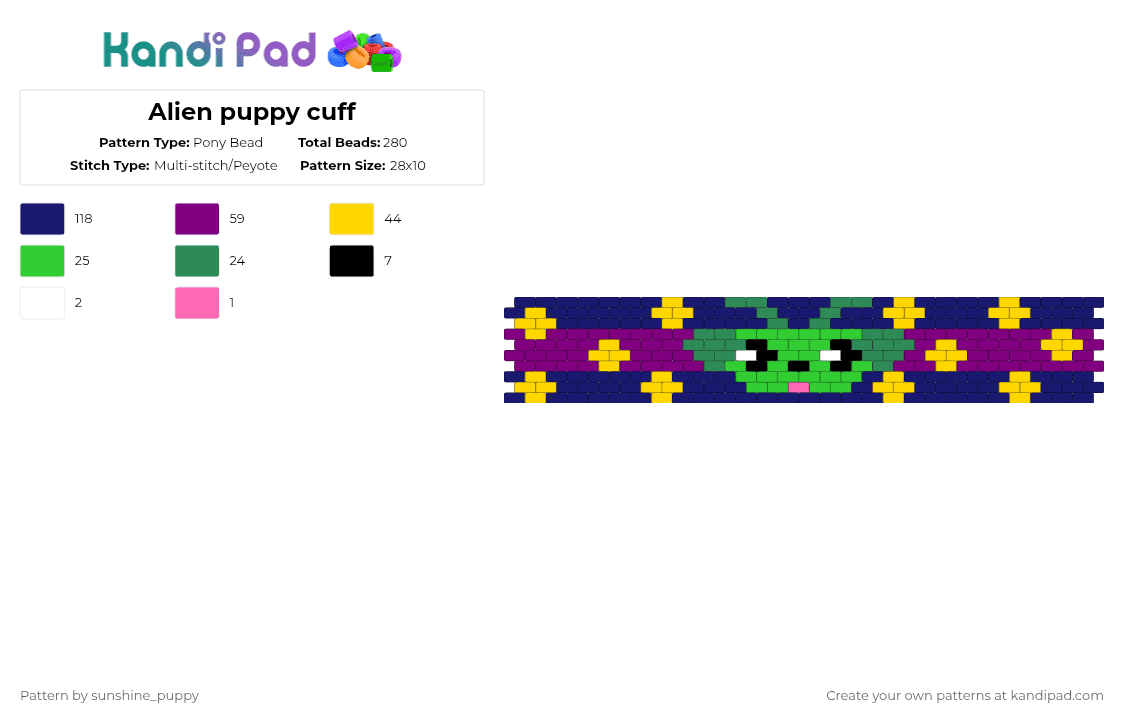 Alien puppy cuff - Pony Bead Pattern by sunshine_puppy on Kandi Pad - purple,cotdalienlanguages