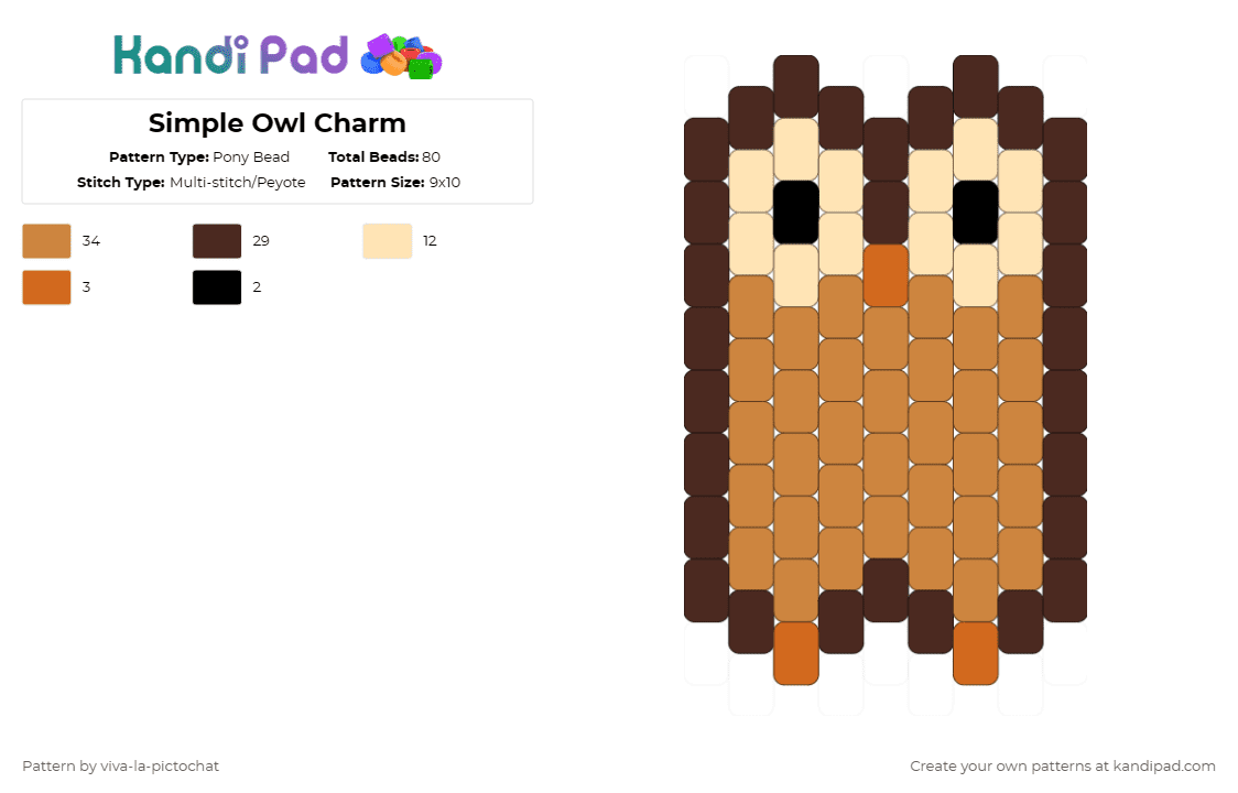 Simple Owl Charm - Pony Bead Pattern by viva-la-pictochat on Kandi Pad - owl,pendant,animal,brown,orange,charm,small,simple,bird