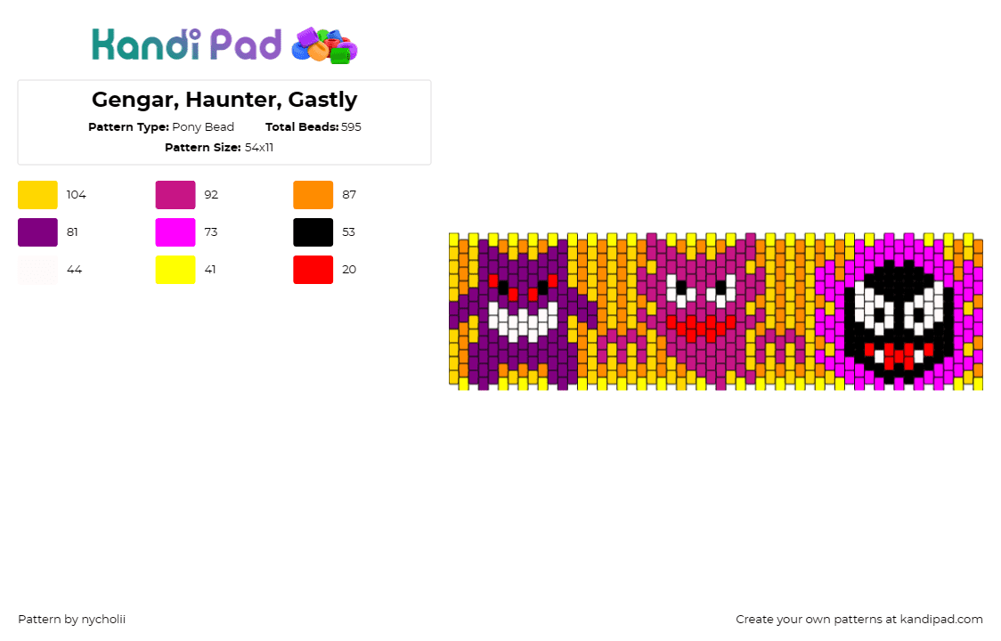 Gengar, Haunter, Gastly - Pony Bead Pattern by nycholii on Kandi Pad - gengar,haunter,gastly,pokemon,cuff,ghost-type,playful,mysterious,vibrant