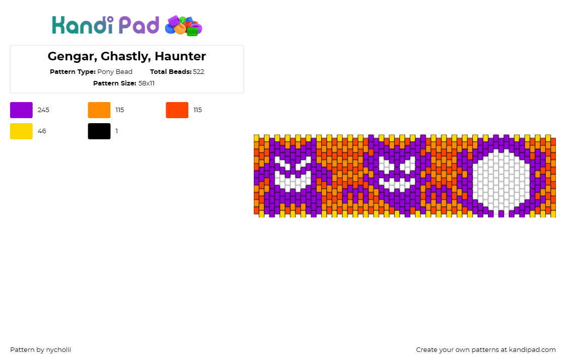 Gengar, Ghastly, Haunter - Pony Bead Pattern by nycholii on Kandi Pad - gengar,gastly,haunter,pokemon,cuff,spooky,mischievous,purple,orange