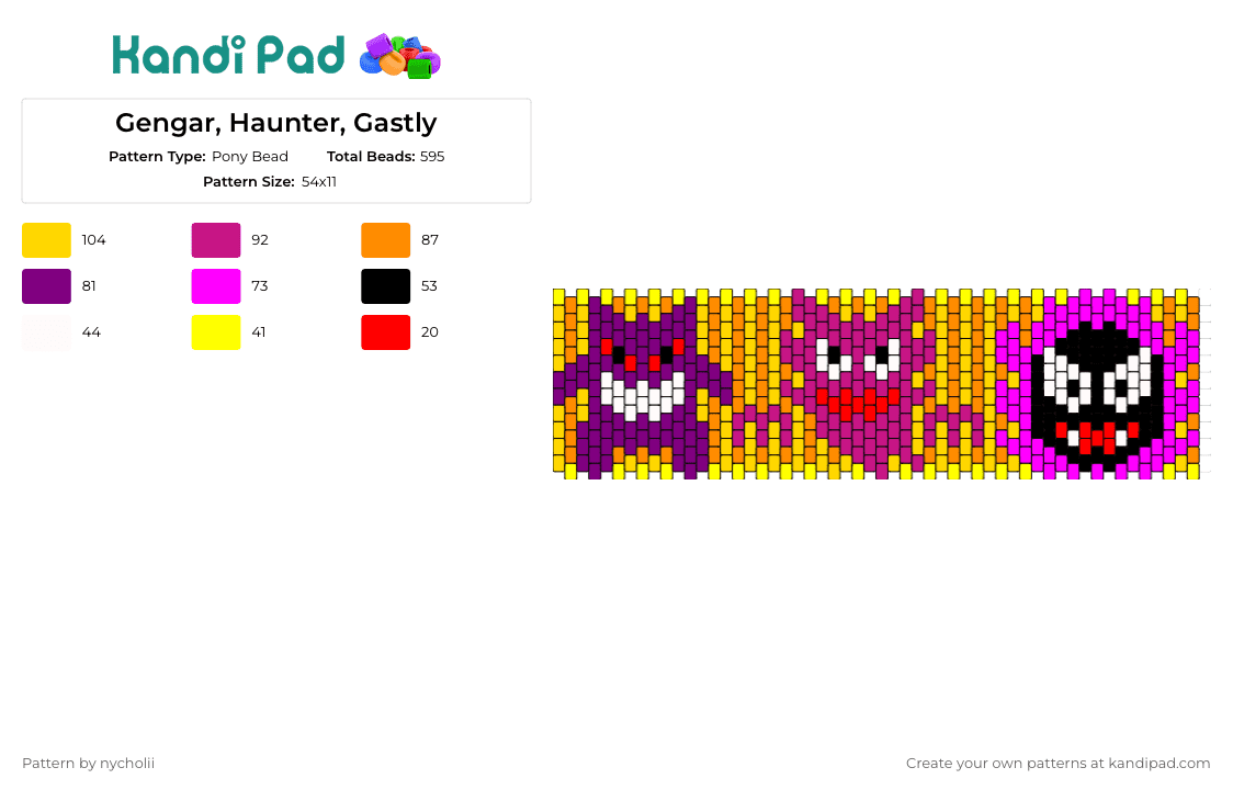 Gengar, Haunter, Gastly - Pony Bead Pattern by nycholii on Kandi Pad - gengar,haunter,gastly,pokemon,cuff,ghost-type,playful,mysterious,vibrant
