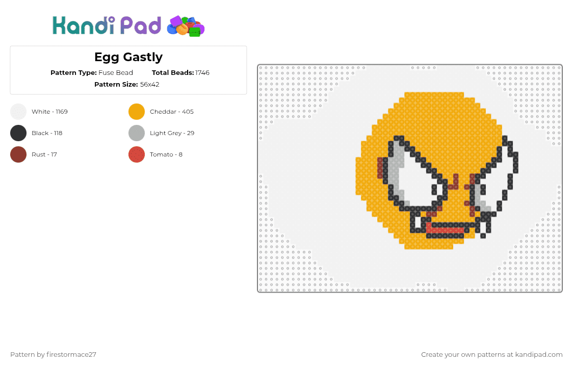 Egg Gastly - Fuse Bead Pattern by firestormace27 on Kandi Pad - gastly,egg,pokemon,mashup,anime,video game,food,gaming,white,orange