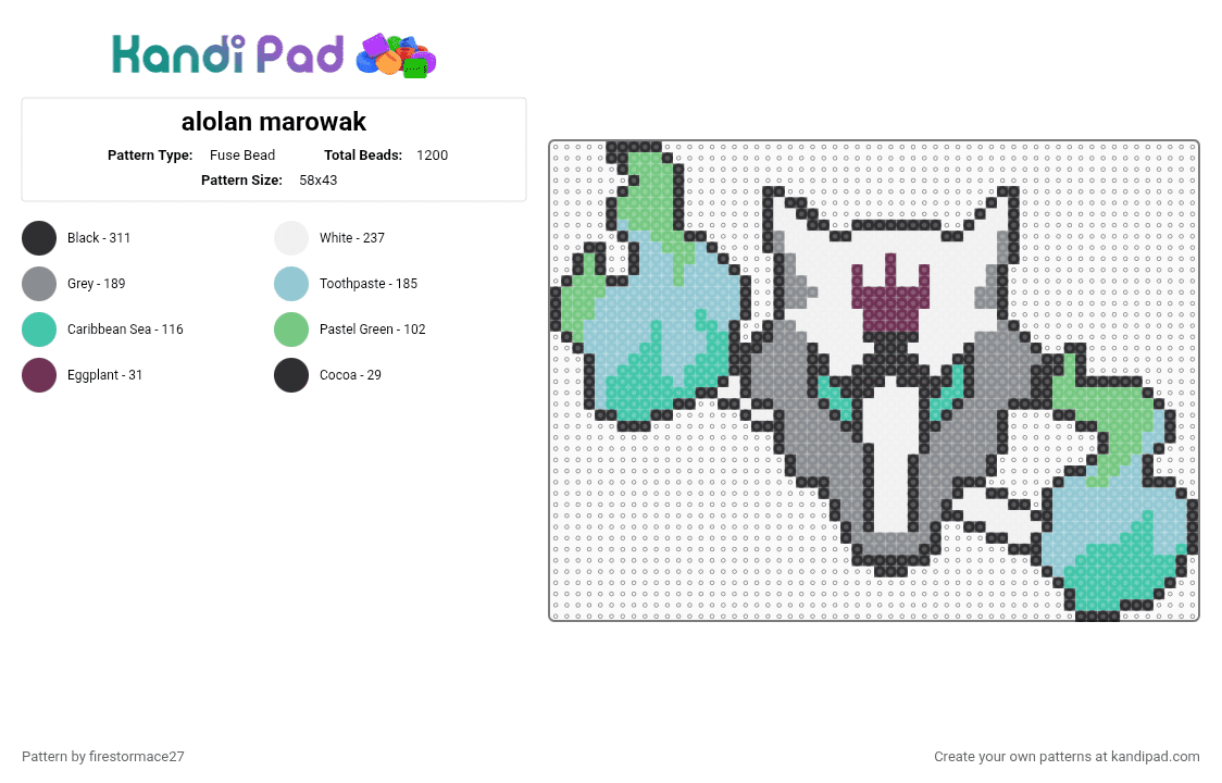 alolan marowak - Fuse Bead Pattern by firestormace27 on Kandi Pad - gray,teal,light blue