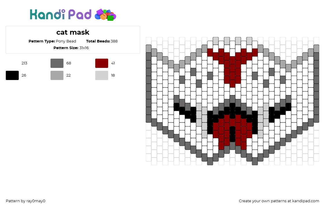 cat mask - Pony Bead Pattern by ray0may0 on Kandi Pad - cat,tongue,animal,mask,mouth,white,red