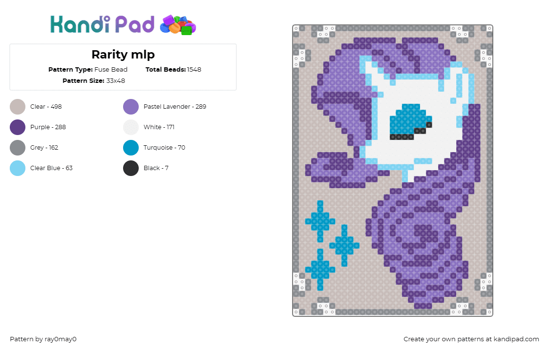 Rarity mlp - Fuse Bead Pattern by ray0may0 on Kandi Pad - rarity,my little pony,elegance,grace,poise,purple,character,series