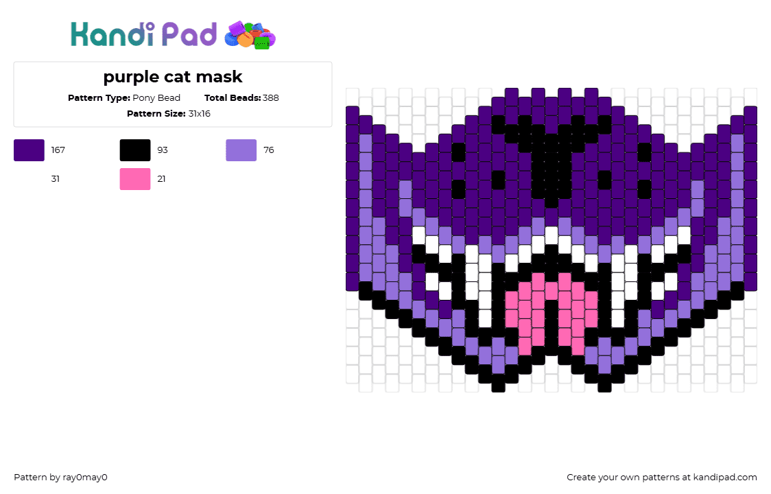 purple cat mask - Pony Bead Pattern by ray0may0 on Kandi Pad - cat,tongue,animal,mask,mouth,furry,purple,pink