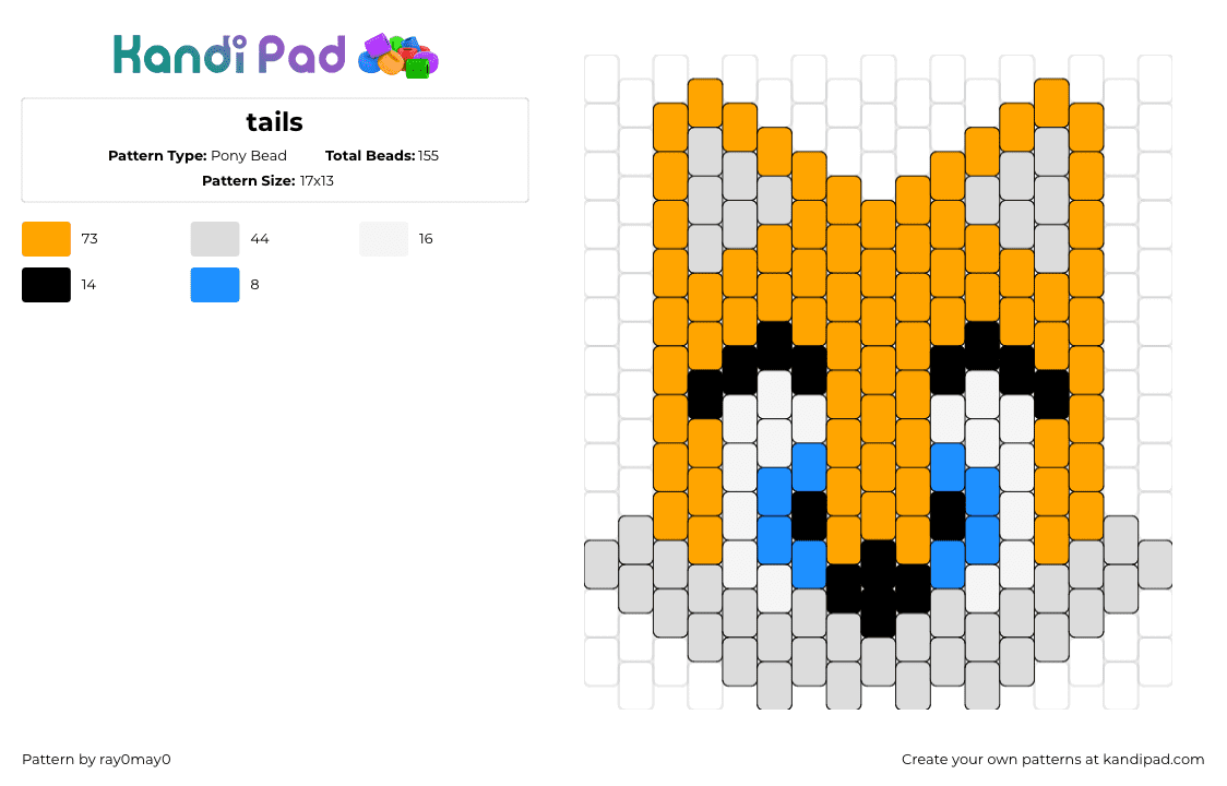 miles tails prower charm - Pony Bead Pattern by ray0may0 on Kandi Pad - tails,sonic the hedgehog,sega,fox,character,head,charm,orange,gray