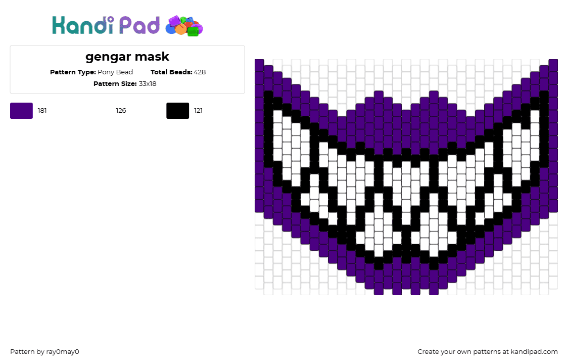 gengar mask - Pony Bead Pattern by ray0may0 on Kandi Pad - gengar,teeth,pokemon,mask,gaming,smile,purple,white