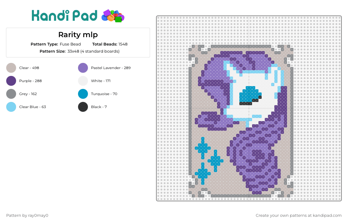 Rarity mlp - Fuse Bead Pattern by ray0may0 on Kandi Pad - rarity,my little pony,elegance,grace,poise,purple,character,series