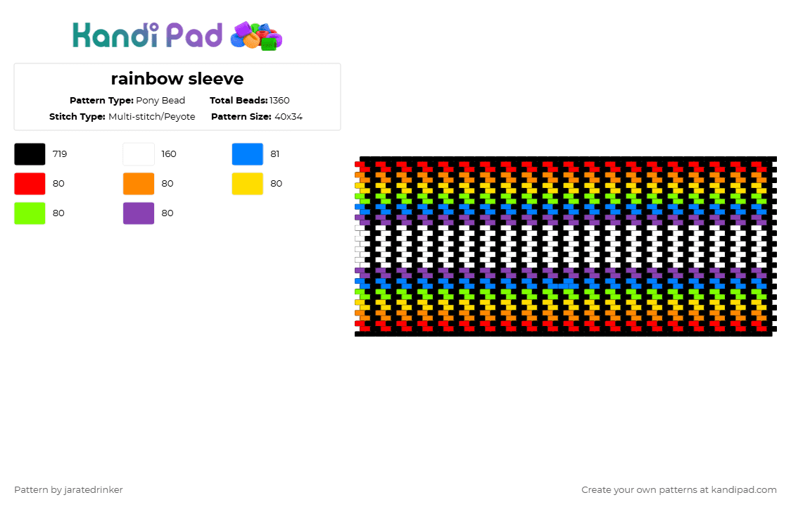 rainbow sleeve - Pony Bead Pattern by jaratedrinker on Kandi Pad - black,orange,green,purple,colorful