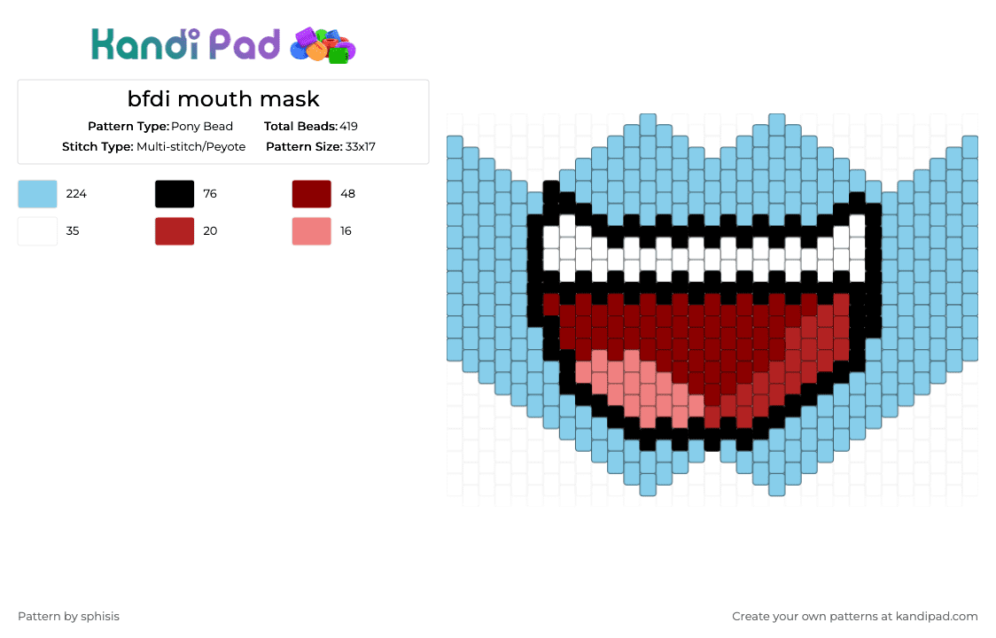 bfdi mouth mask - Pony Bead Pattern by sphisis on Kandi Pad - light blue,red,bfdi,osc,mask,sub zero